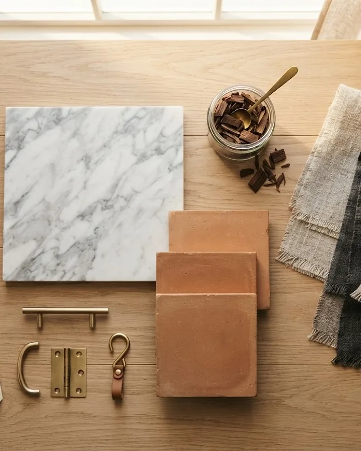 Material swatches, fabric samples, and architectural design sketches for an Orange County interior design project