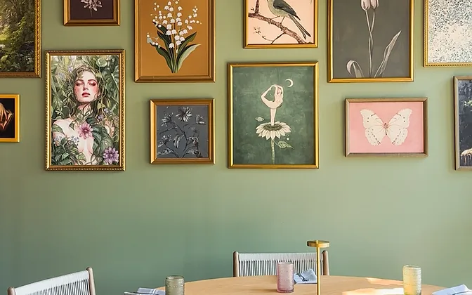 Flora — a modern-leaning interior with botanical gallery wall and natural materials — hospitality interior design in Charlotte, NC by Studio Fridae