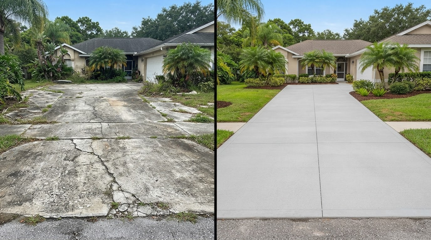 Before and after driveway replacement in DeLand, FL