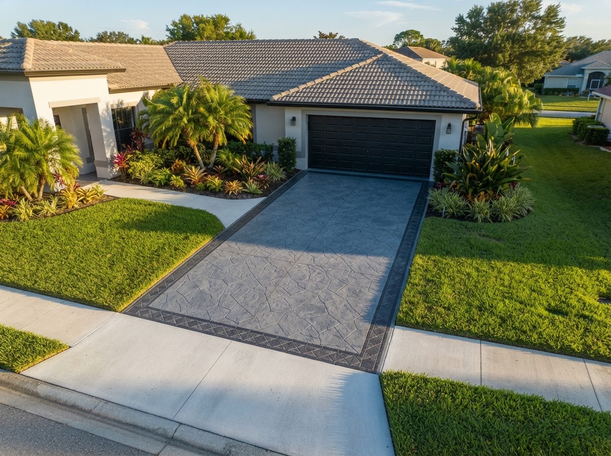 Aerial view of completed stamped concrete driveway in DeLand, FL