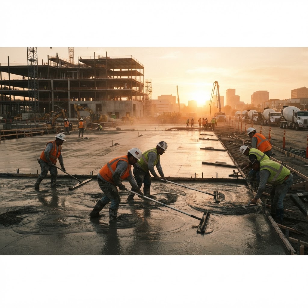 Worker smoothing wet concrete