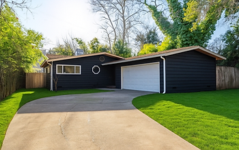 Design rendering of the planned exterior: dark siding, white trim, new lawn and driveway