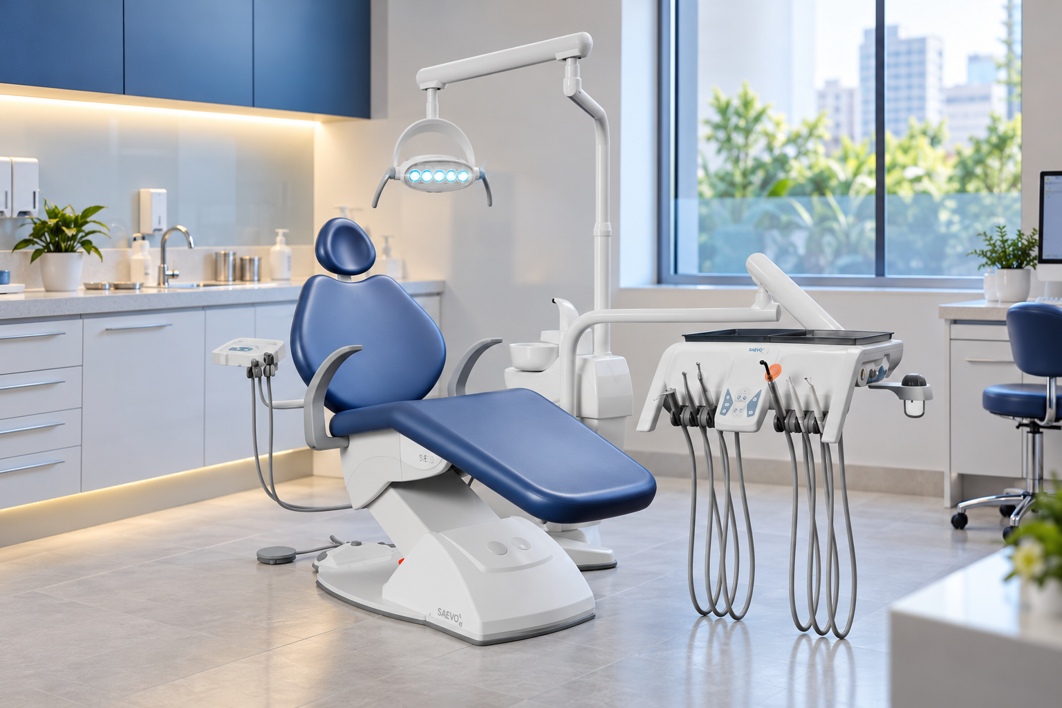 Consultório odontológico moderno com cadeira e equipamentos
