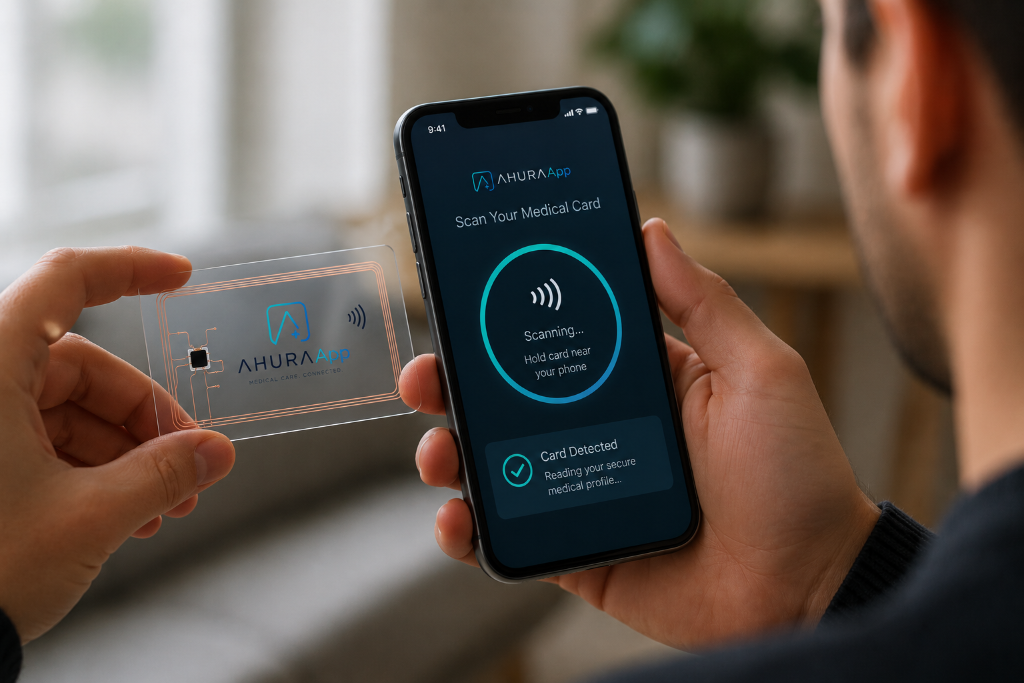 AHURA NFC medical card being scanned with a smartphone