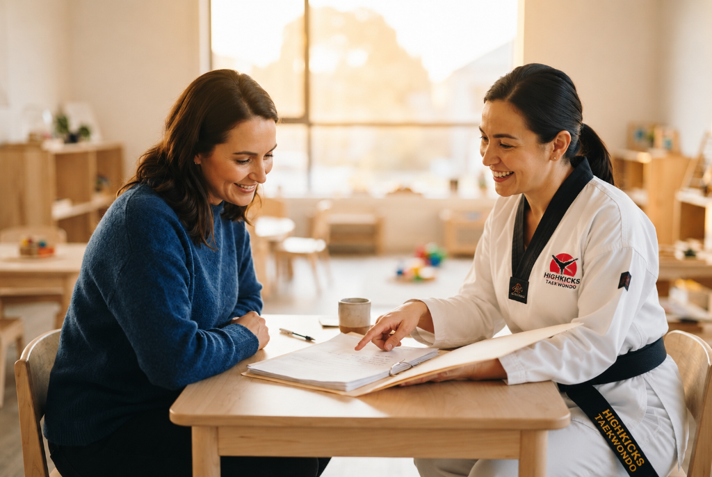 A parent and teacher reviewing childcare documents