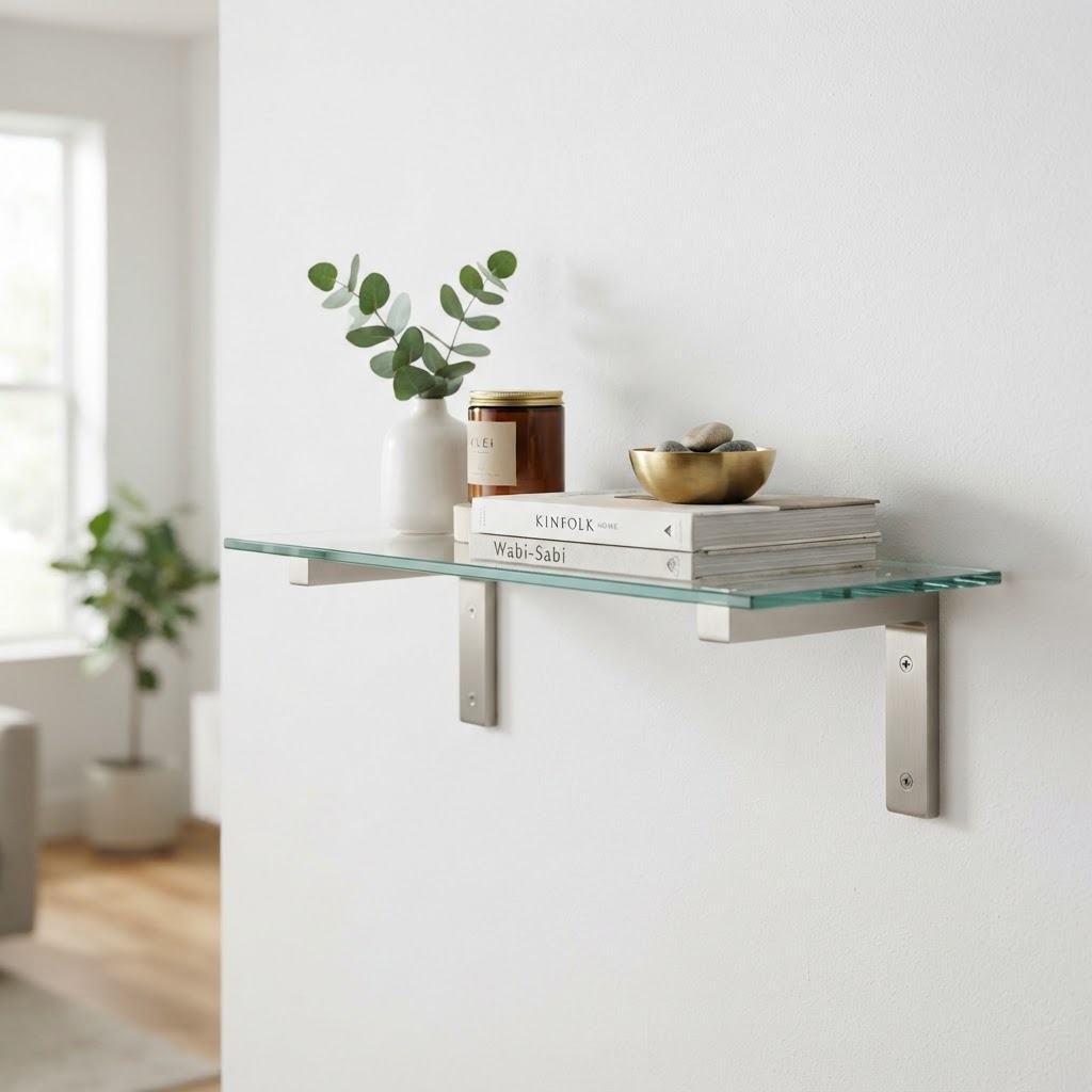 Solid brass shelf brackets supporting a glass shelf