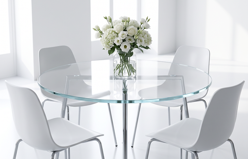 Glass table top with vase of white flowers in a bright studio