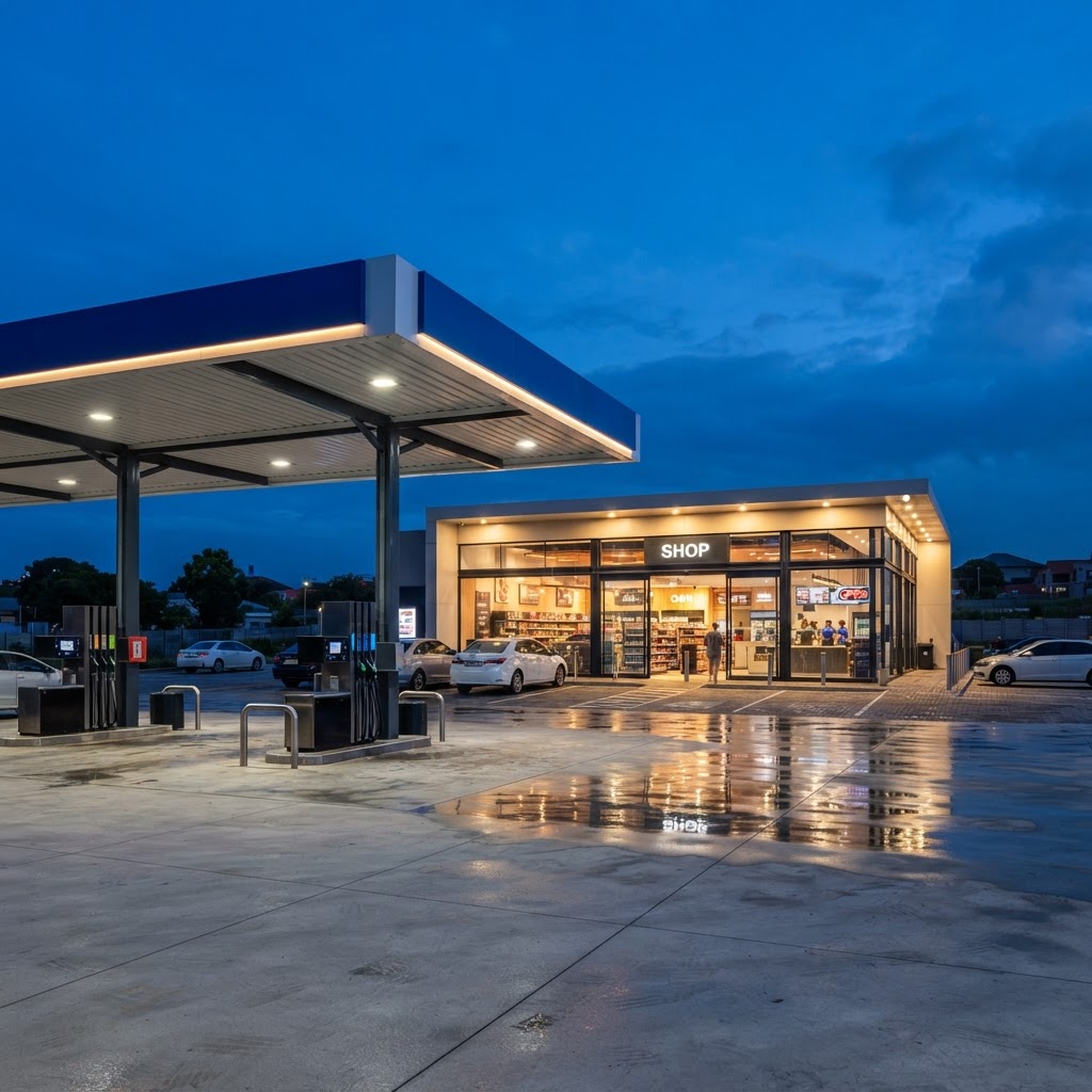 Framed automatic bi-parting entrance at a fuel station quick shop