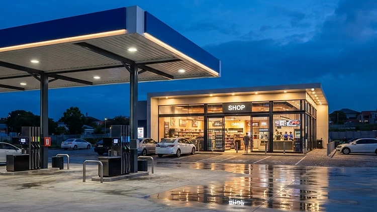 Forecourt quick shop — framed bi-parting entrance