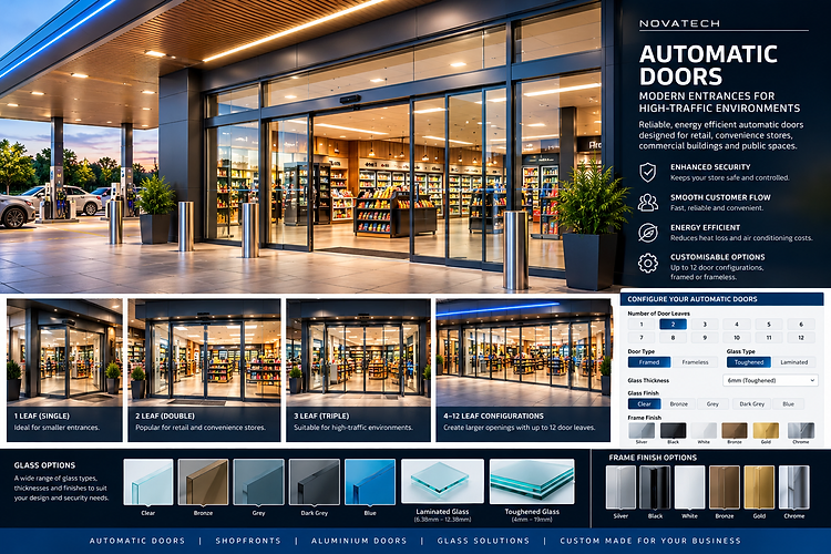 NovahTech automatic doors range overview: leaf configurations, glass options and frame finishes