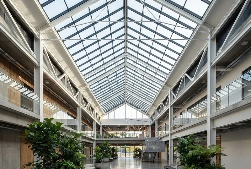 Pitched atrium rooflight above a double-volume space
