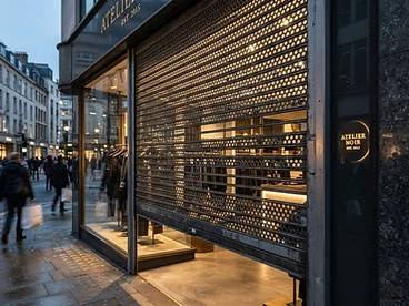 Perforated roller shutter with light shining through