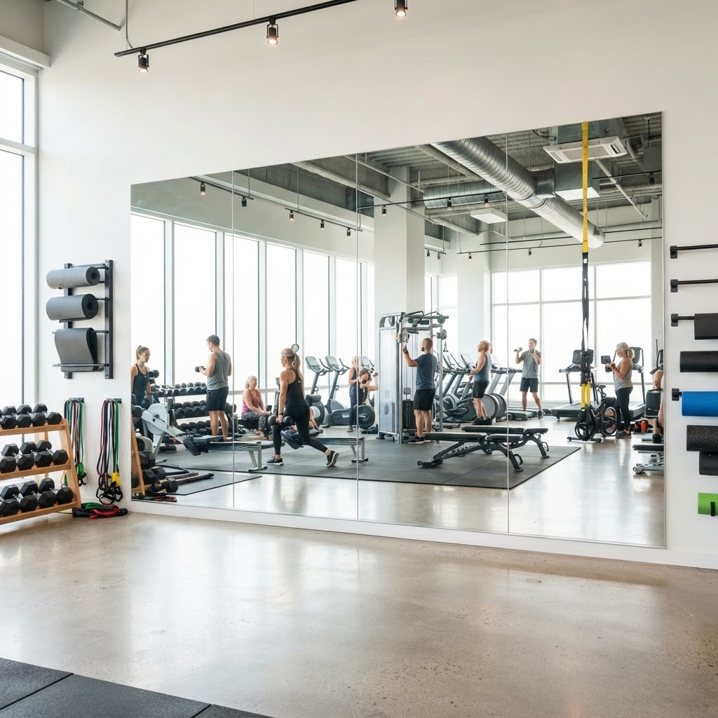 Large wall-to-wall gym mirror installation in a fitness studio