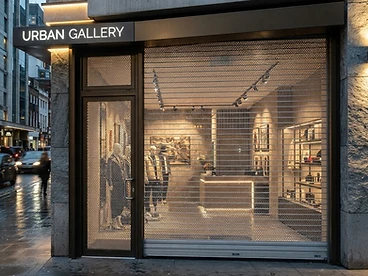 Perforated roller shutter on a shopfront