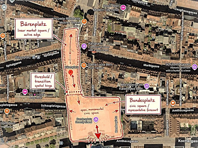 Annotated urban map highlighting Bärenplatz and Bundesplatz with key civic spatial labels.