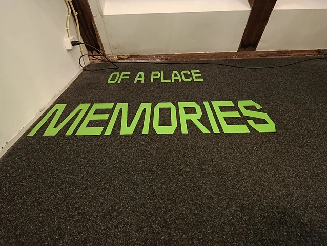 Green vinyl lettering adhered to the carpet flooring marks a thematic exhibition space.