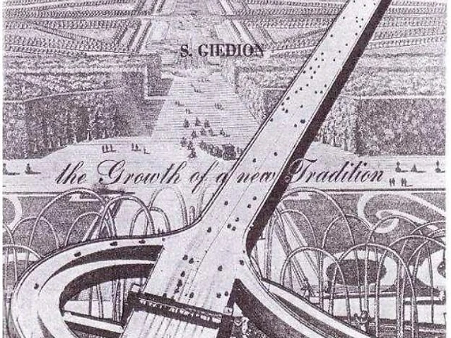 A surreal collage combining a formal French landscape garden with a modern highway overpass.