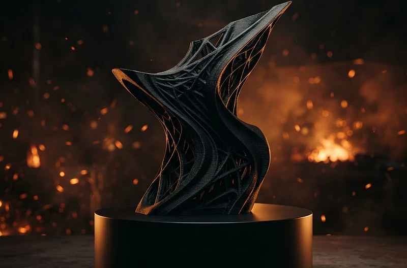 A forged 3D-printed object glowing in a dark studio