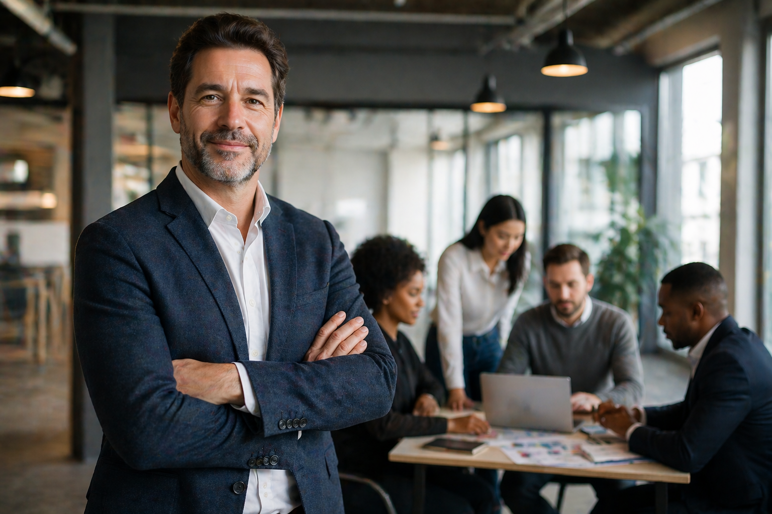 Confident businessman with arms crossed with a diverse team collaborating in the background