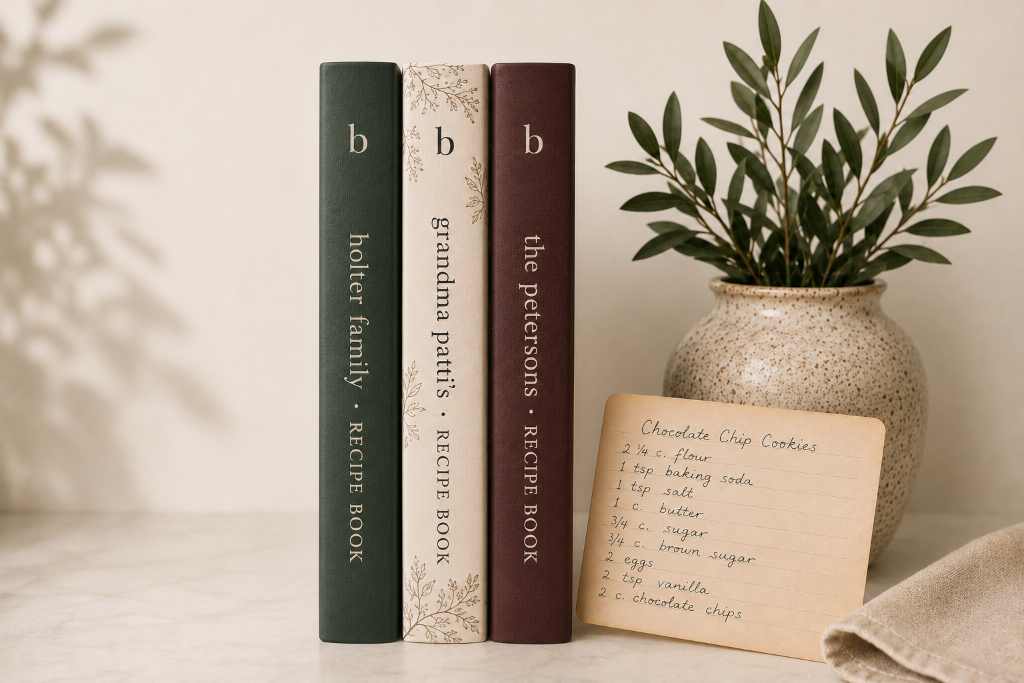 Three printed Butterbook cookbooks with a handwritten recipe card