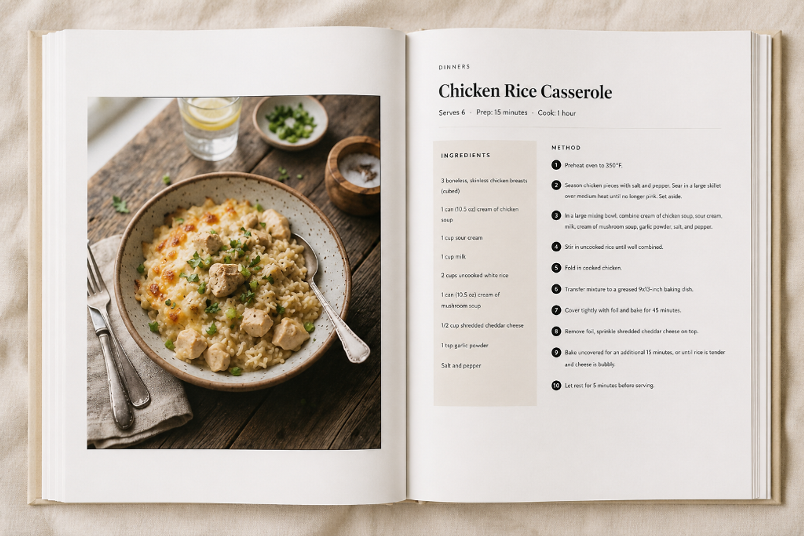 An open Butterbook cookbook showing a Chicken Rice Casserole recipe