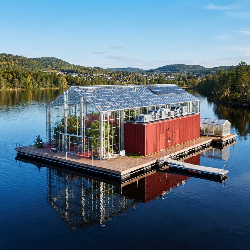 Floating greenhouse and server unit on water