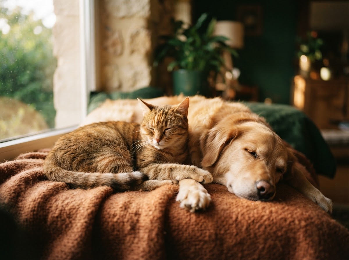 A happy cat and dog resting together