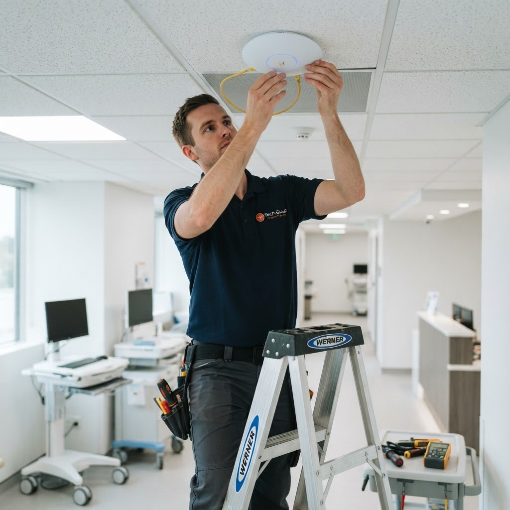 Tech Guys technician in company shirt installing a WiFi access point in a medical office