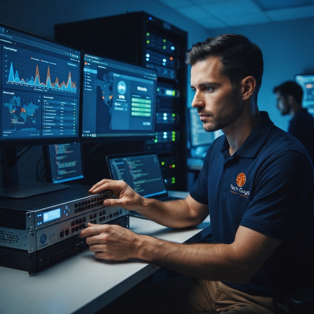Tech Guys technician configuring a firewall and network security console