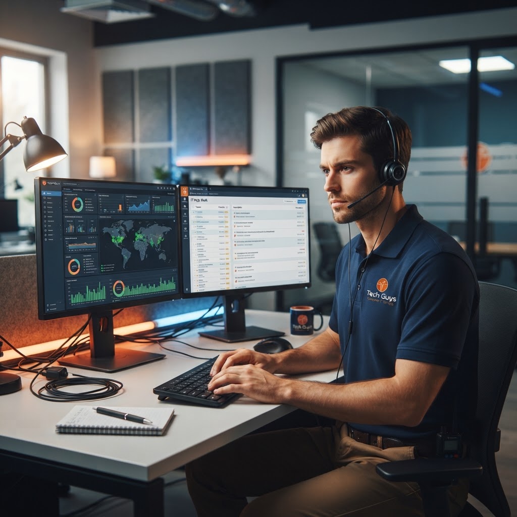 Tech Guys technician monitoring servers and help desk tickets