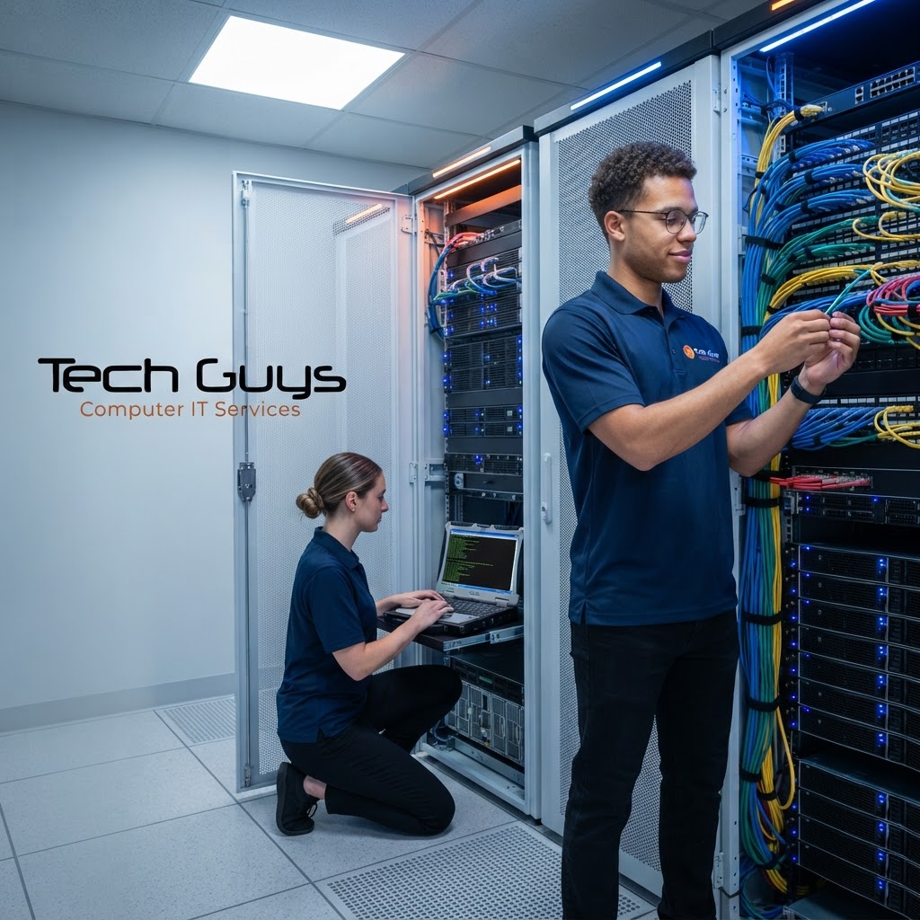 Tech Guys IT technician servicing computer and networking equipment