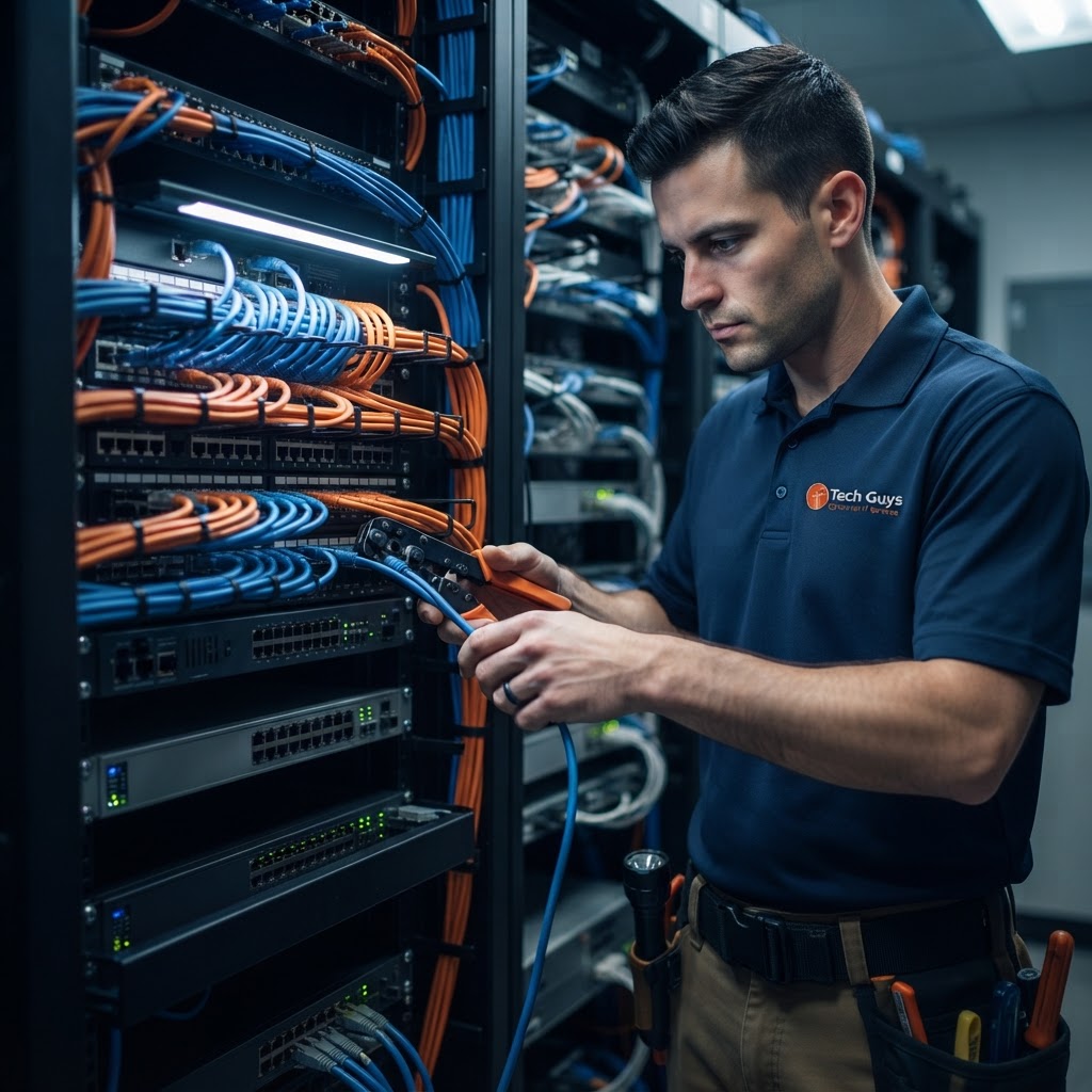 Tech Guys technician terminating Cat6 cables on a patch panel