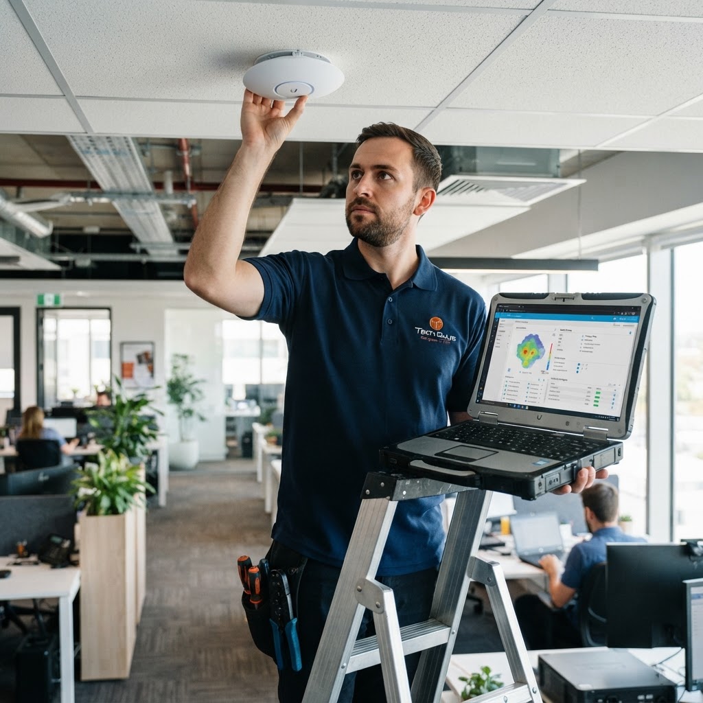 Tech Guys technician installing a WiFi access point on an office ceiling