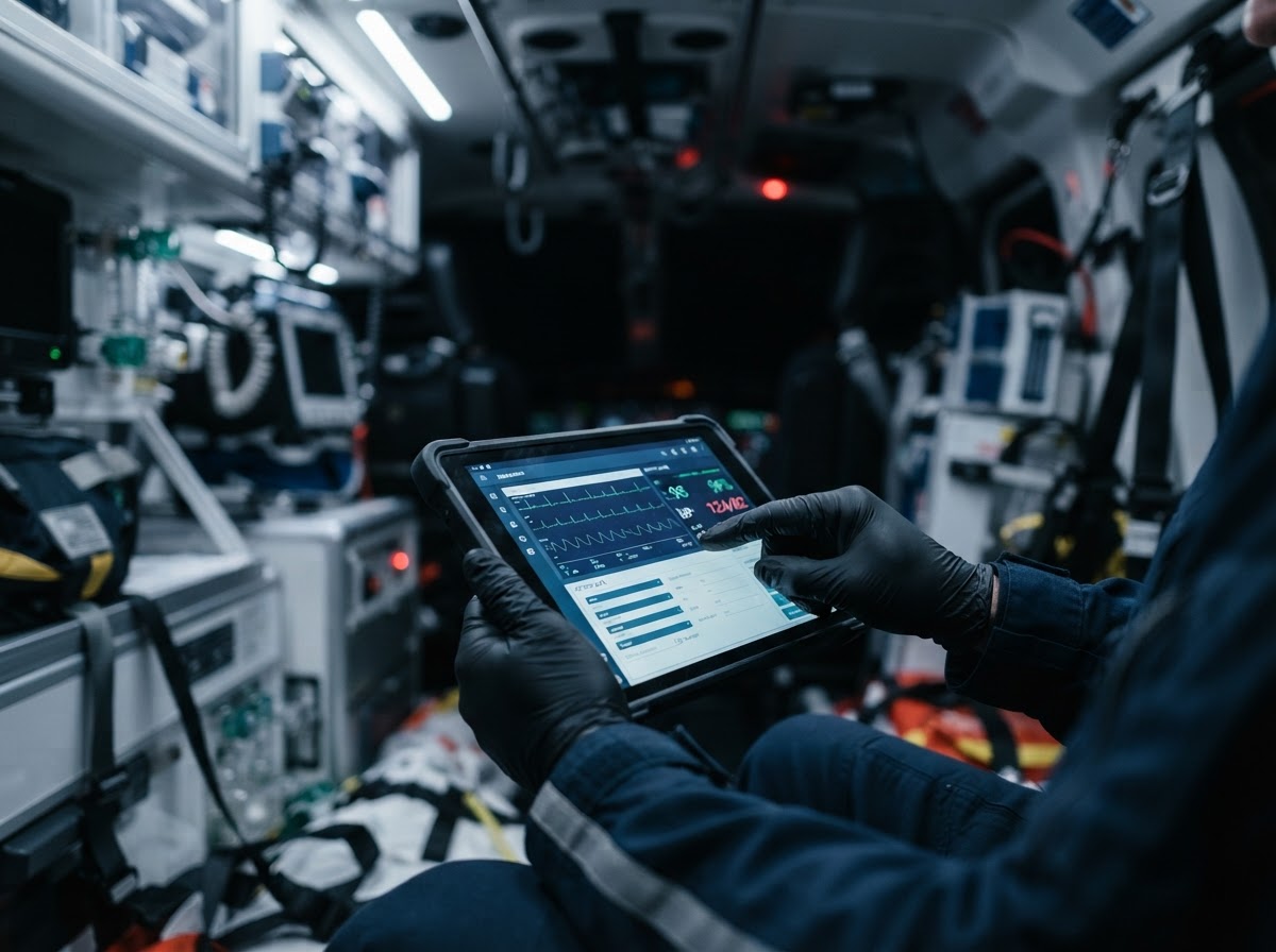 EMS professional reviewing MedOpsDox operational tools on a tablet