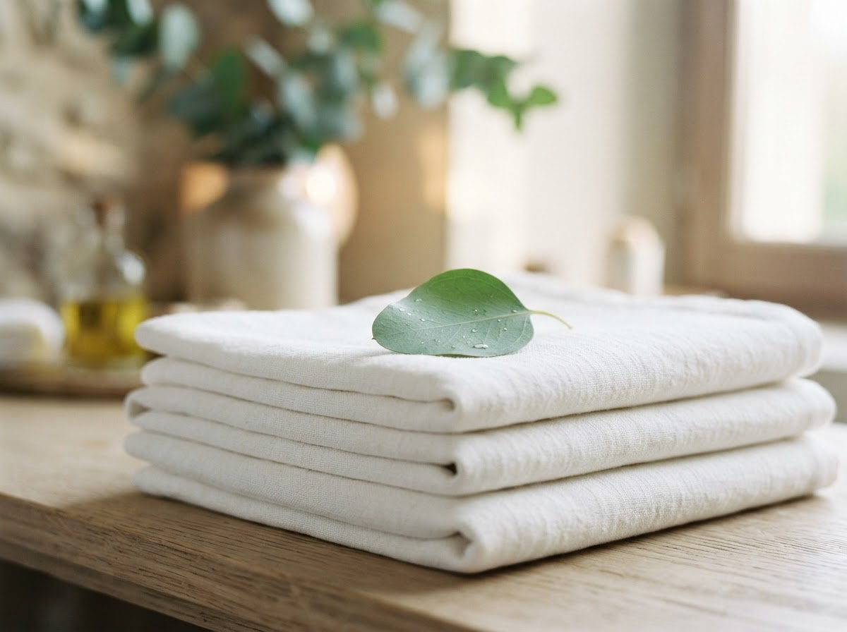 Organic spa materials with eucalyptus leaf on white linen towels