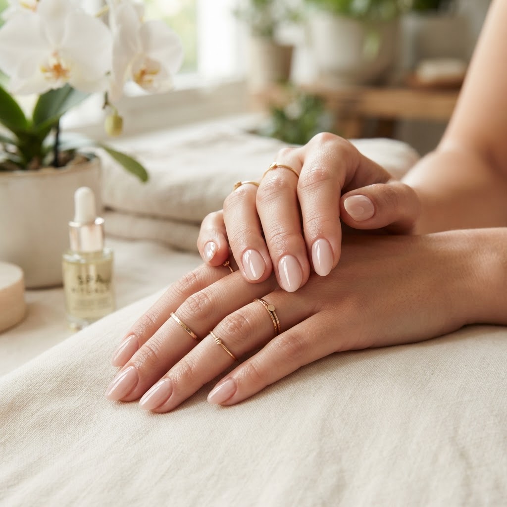 Beautifully manicured hands with glossy nude pink gel polish