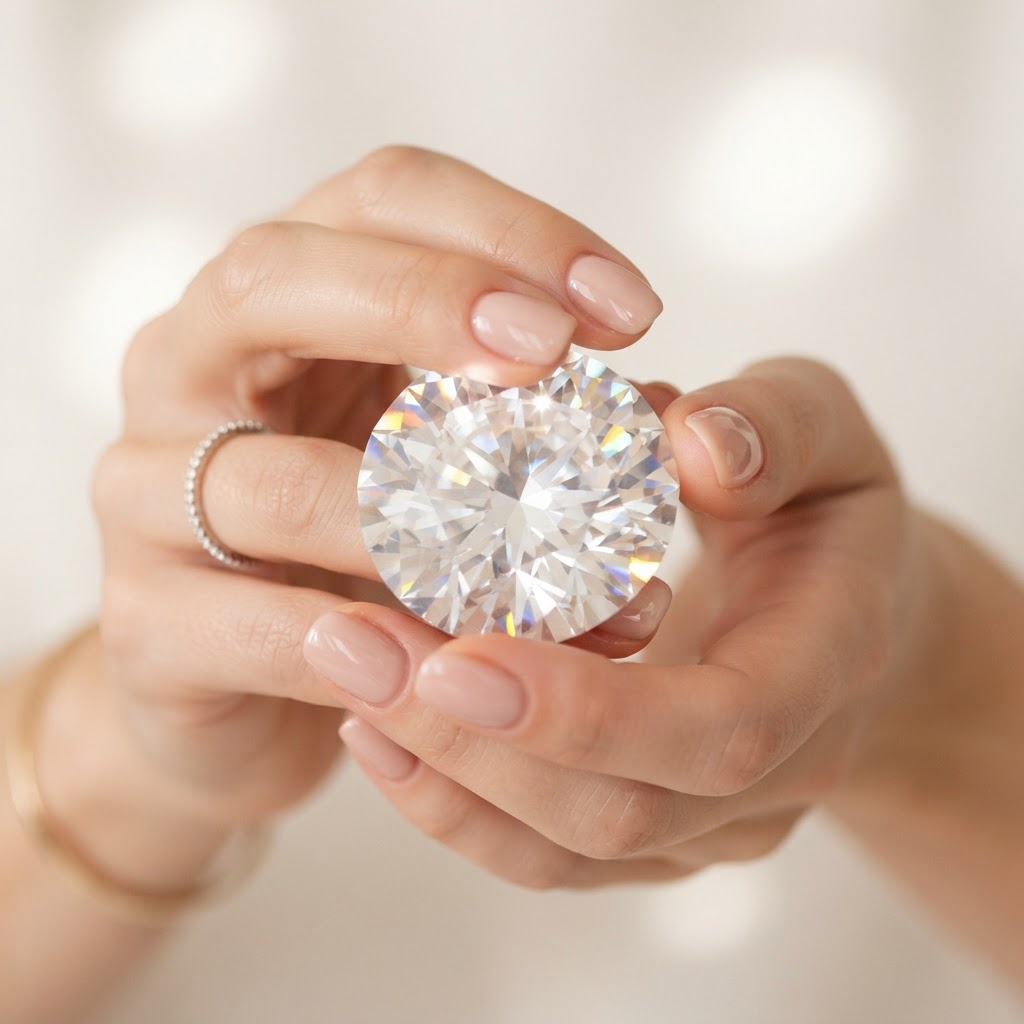 Two manicured hands holding a large clear diamond