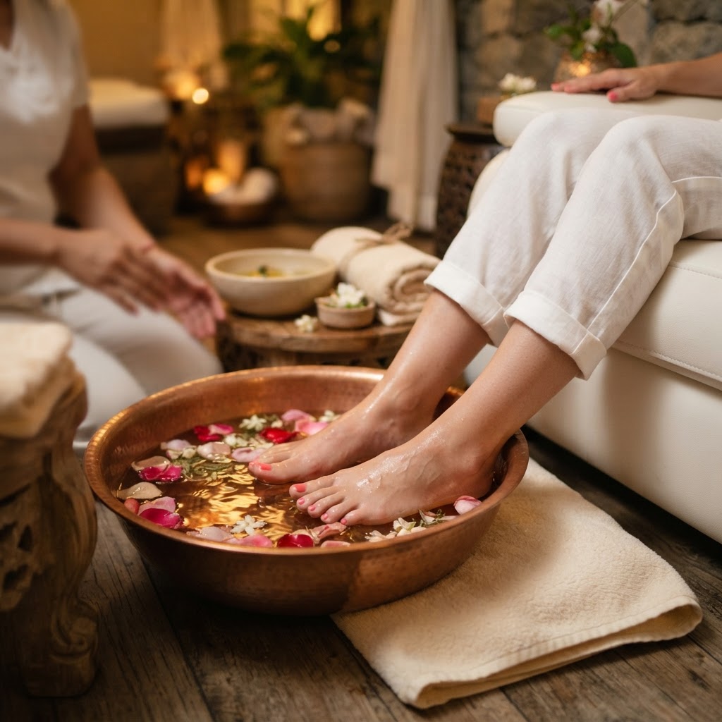 Luxurious spa pedicure with rose petals