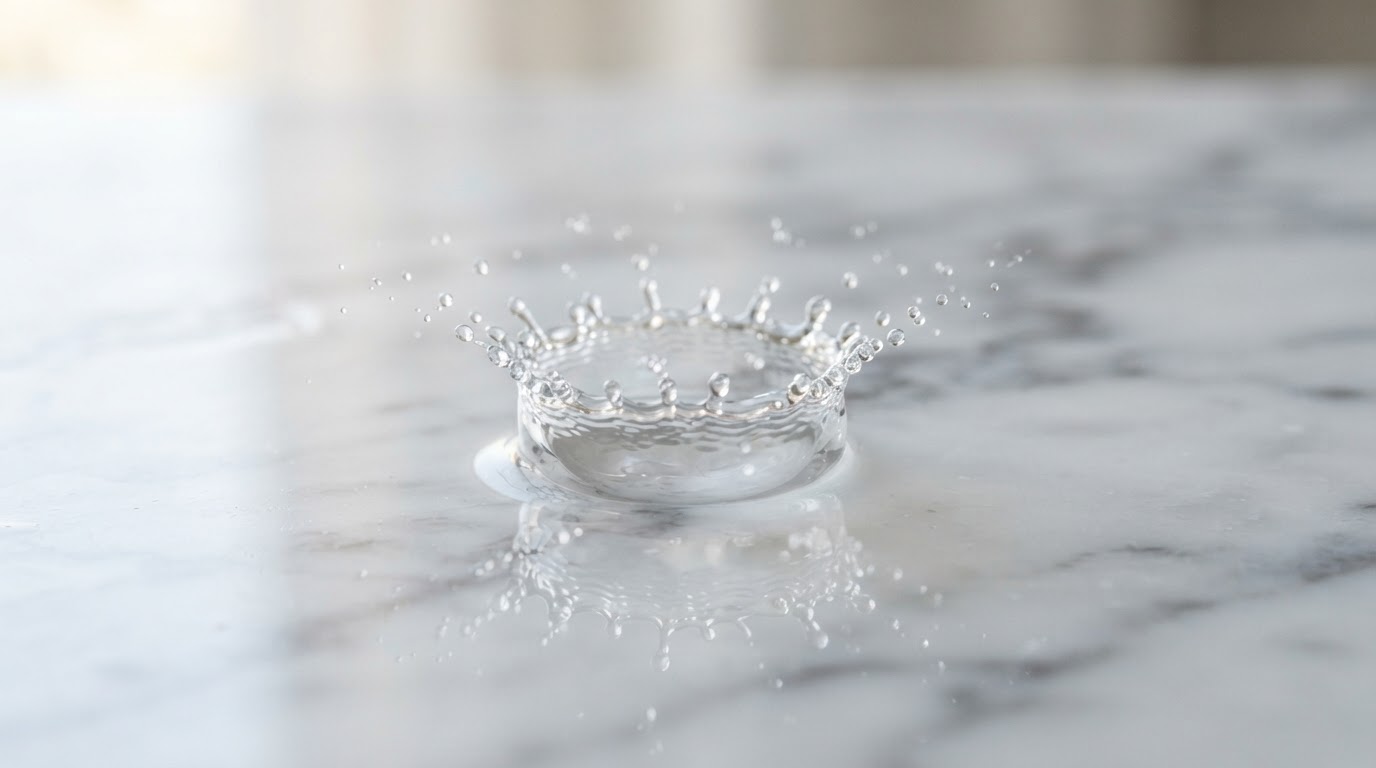 A single drop of clear liquid hitting a polished surface, captured in macro photography