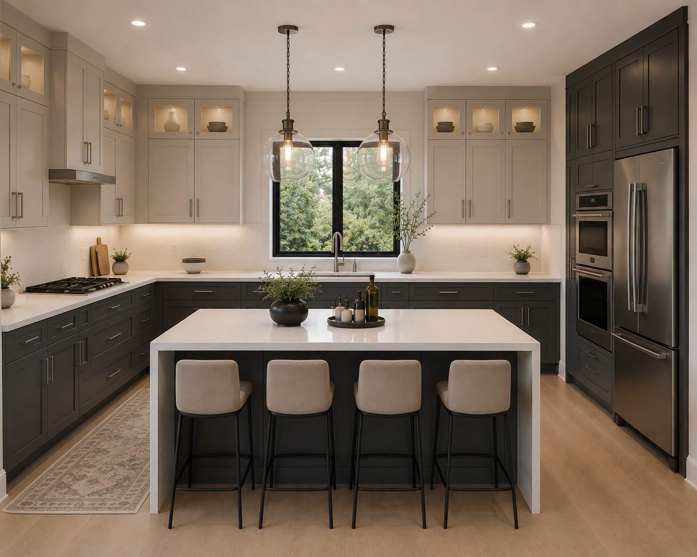 Two-tone kitchen with charcoal island, glass-front upper cabinets, and glass sphere pendant lights