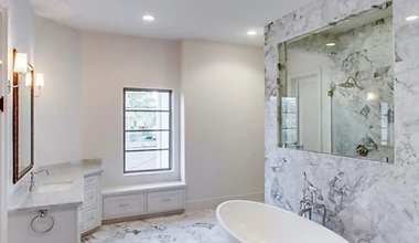 Spa-style bathroom with large-format tile