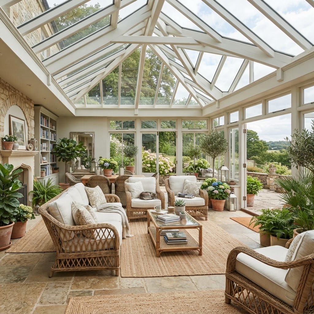 Glass gable sunroom with bright airy interior