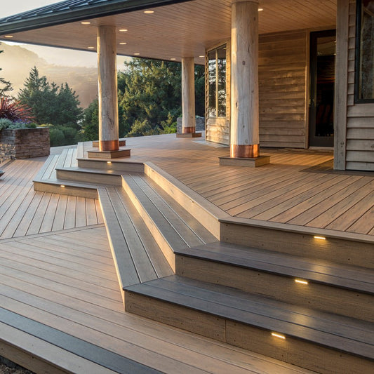 Multi-level composite deck with LED stair lighting