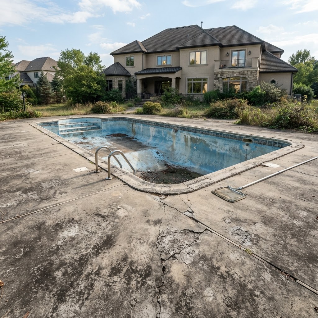 Stained Pool Deck → Travertine Pool Pavers — before