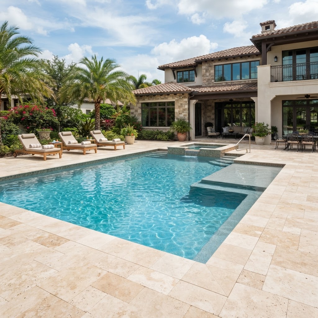 Stained Pool Deck → Travertine Pool Pavers — after