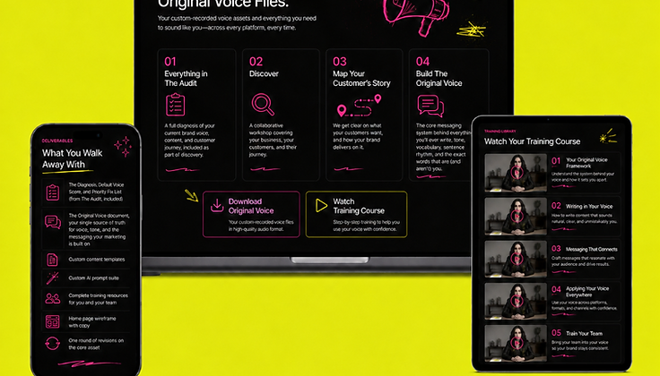The Original Voice shown across phone, laptop, and tablet