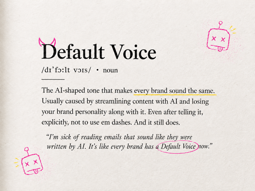 Dictionary-style definition of Default Voice with hand-drawn dead robot doodles