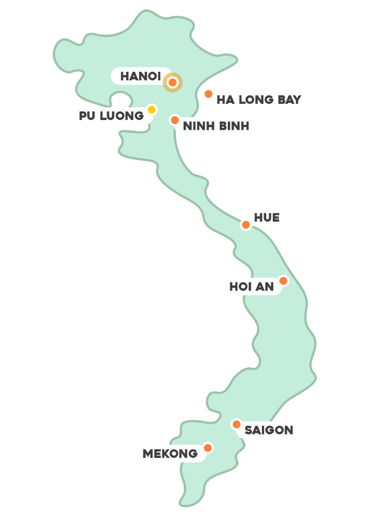 Vietnam tour route map showing Hanoi, Ha Long Bay, Pu Luong, Ninh Binh, Hue, Hoi An, Saigon and Mekong