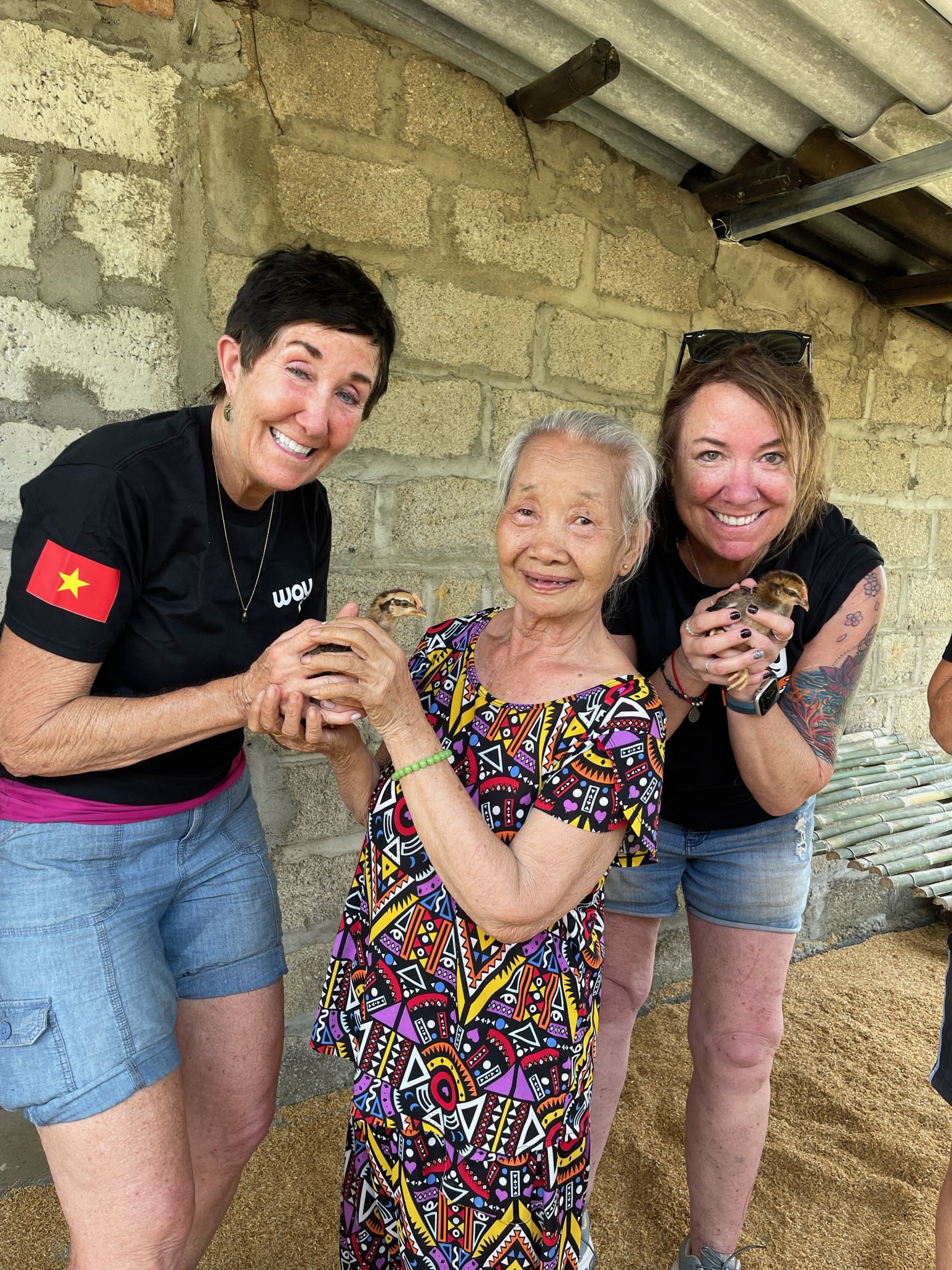 A local grandmother with baby chicks provided by the project