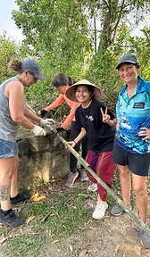 Volunteers building a bamboo structure